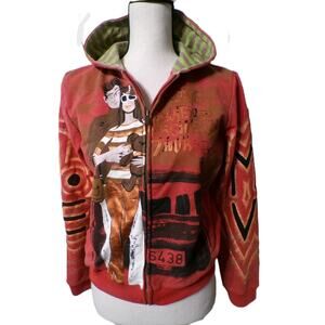 Y2k Custo Barcelona Zip Hoodie M 3 Airbrush Graffiti Orange Rust "MOVE" Art RARE